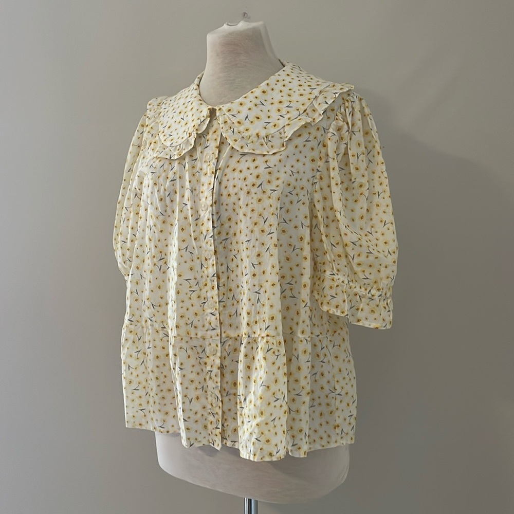 Cottagecore Yellow Floral Sheer Blouse Peter Pan Collar
